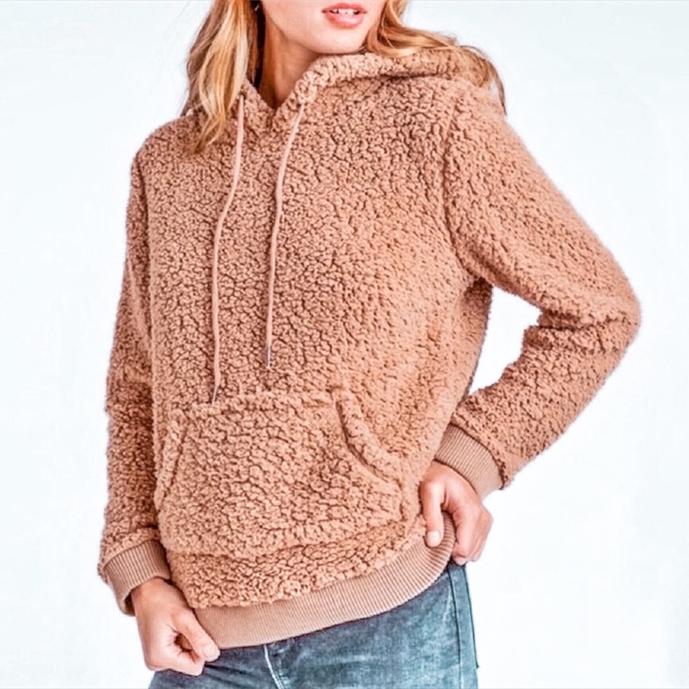 Camel Teddy Hoodie, Sherpa Cozy Knit Sweater - Picture 1 of 9